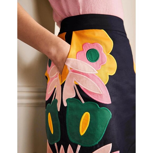 NWOT Boden Embroidered Mini Skirt in Navy Applique Blue Pink 20 22 - Picture 2 of 6